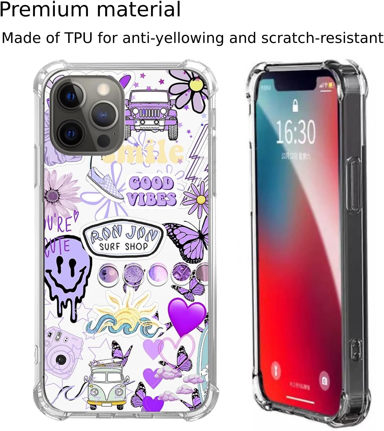 Funda retro con diseño de mariposas y caras fundidas de Good Vibes para iPhone 12iPhone 12 Pro, estuche de collage morado estético Trippy para