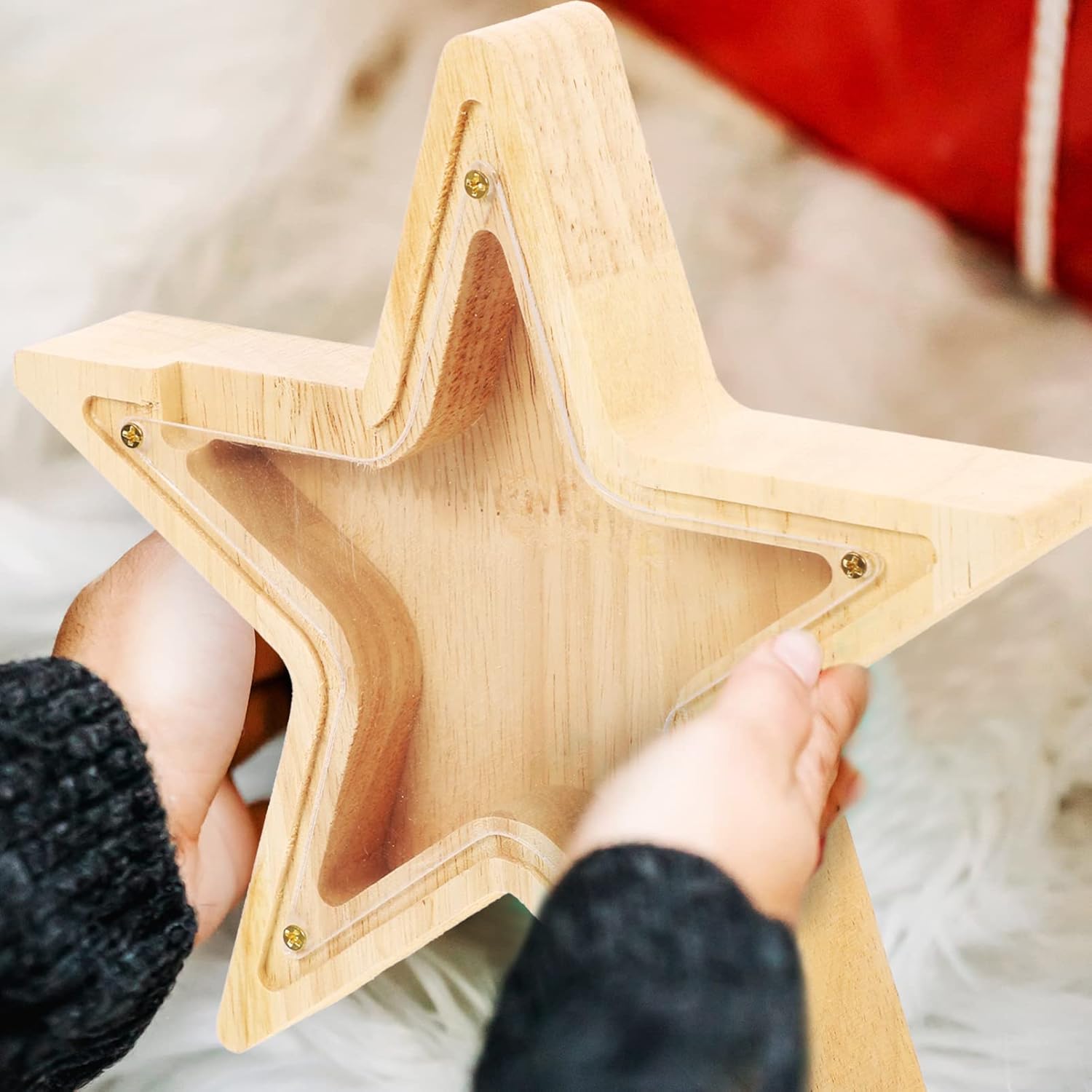 Zerodeko Hucha de madera para el hogar, alcancía para adolescentes, con forma de estrella, alcancía transparente para niños y niñas, bebé, primera