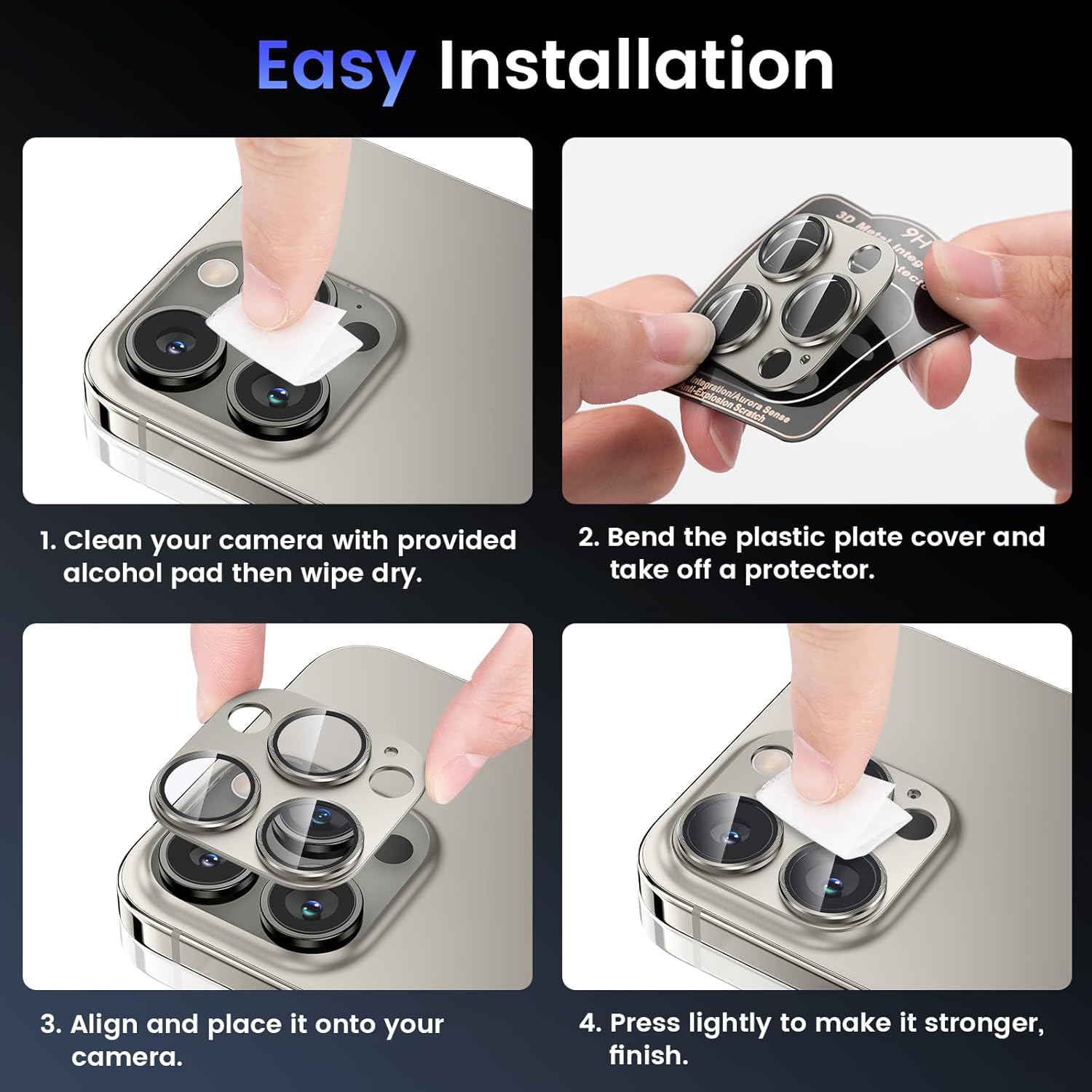Tensea Protector de lente de cámara para iPhone 15 ProiPhone 15 Pro Max, cubierta de vidrio templado de aleación de aluminio de metal, accesorios