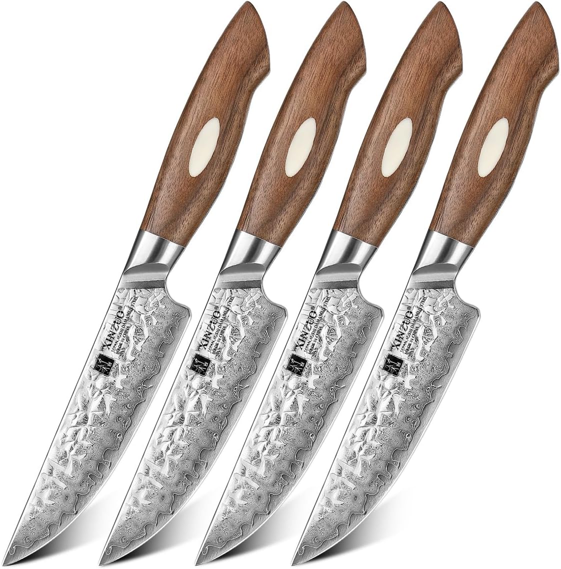 XINZUO Juego de 4 cuchillos para carne de 5 pulgadas, acero japonés AUS-10 de 67 capas forjados de Damasco con caja de regalo, cuchillo de mesa de