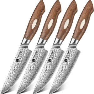XINZUO Juego de 4 cuchillos para carne de 5 pulgadas, acero japonés AUS-10 de 67 capas forjados de Damasco con caja de regalo, cuchillo de mesa de XINZUO Juego de 4 cuchillos para carne de 5 pulgadas, acero japonés AUS-10 de 67 capas forjados de Damasco con caja de regalo, cuchillo de mesa de