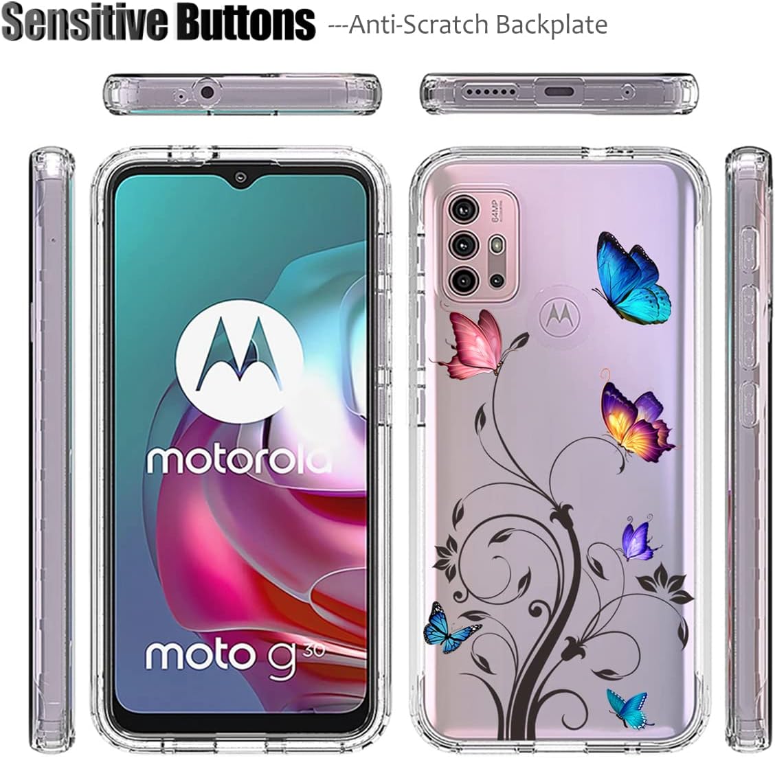 Ueokeird Funda para Moto G30Moto G10G10 PowerMoto G20 XT2129-1 con protector de pantalla de vidrio templado, diseño de mariposa transparente de