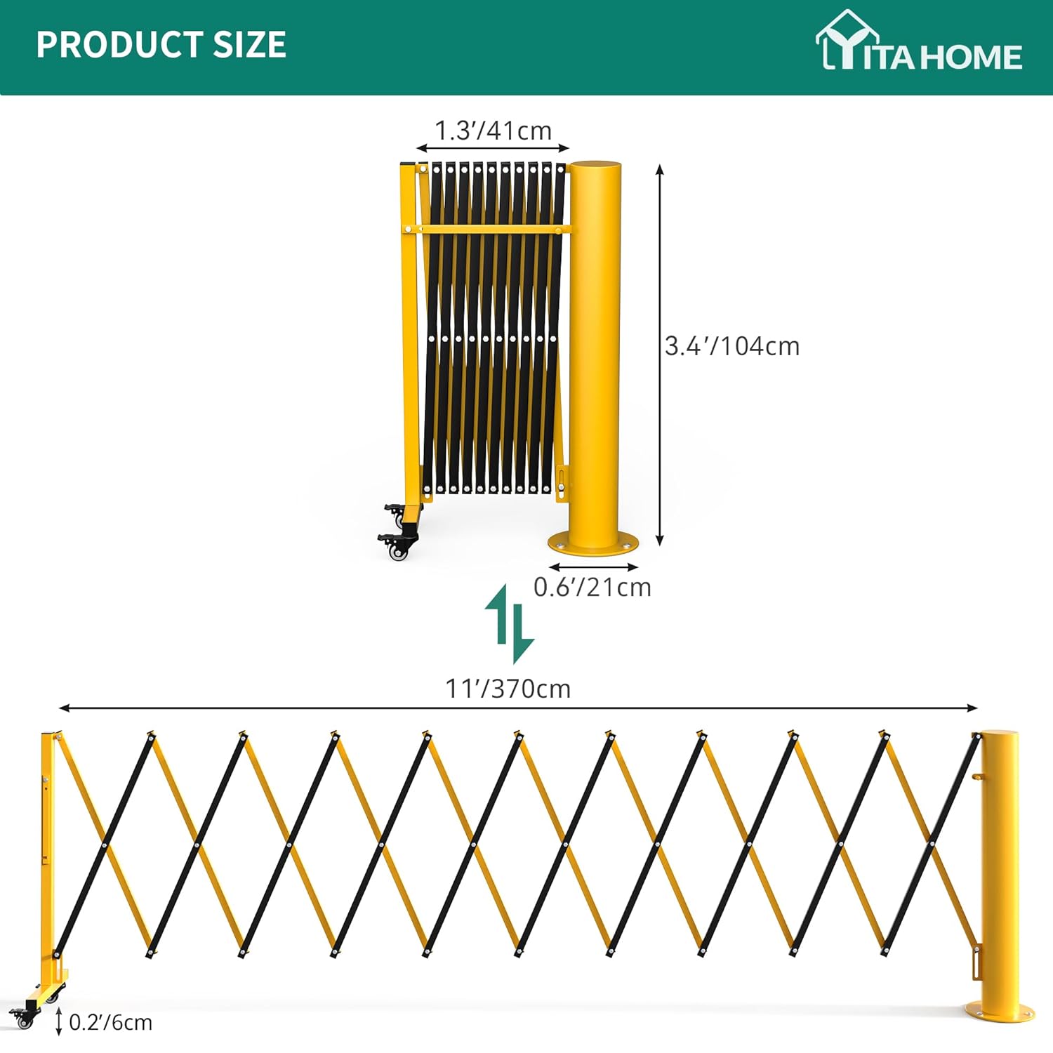 YITAHOME Barricada extensible de metal, puerta de seguridad plegable de 11 pies, puerta de entrada retráctil con bolardo, barricada de seguridad