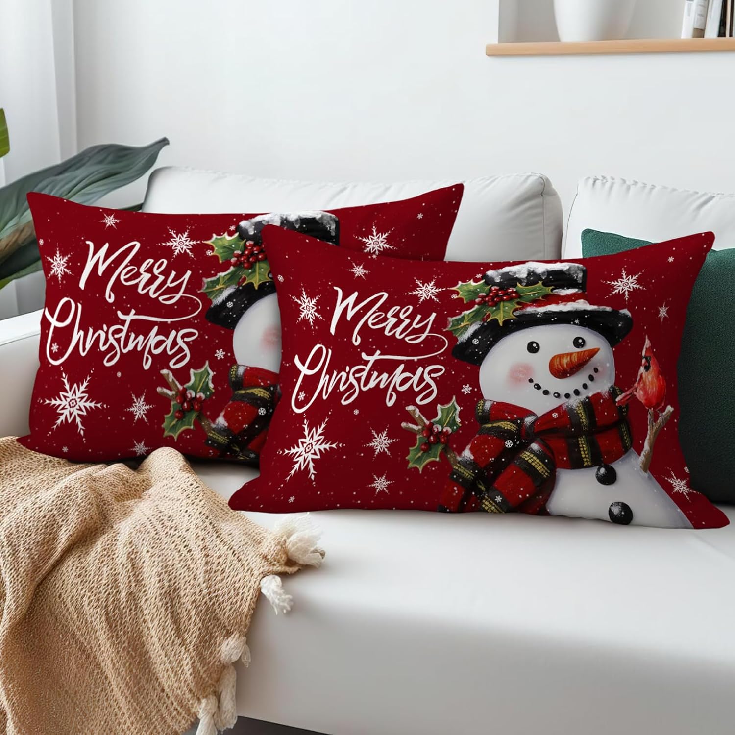 Juego de 2 fundas de almohada de Navidad con diseño de muñeco de nieve de invierno, fundas de almohada de algodón, fundas de almohada decorativas