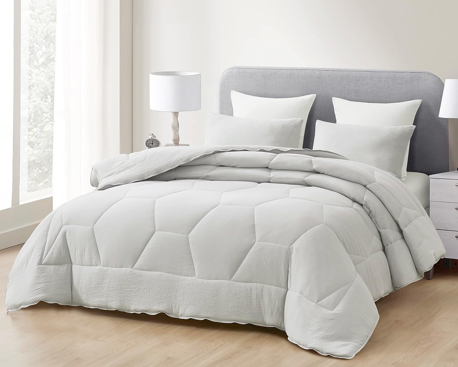 Chezmoi Collection Vero – Juego de edredón de microfibra acolchada de panal de abeja de 3 piezas, ropa de cama hexagonal geométrica ligera lavada