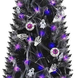 XmasExp Árbol de Navidad negro de Halloween, árbol de Navidad artificial de 5 pies con luces LED moradas, 8 modos de iluminación, tela de araña, XmasExp Árbol de Navidad negro de Halloween, árbol de Navidad artificial de 5 pies con luces LED moradas, 8 modos de iluminación, tela de araña,
