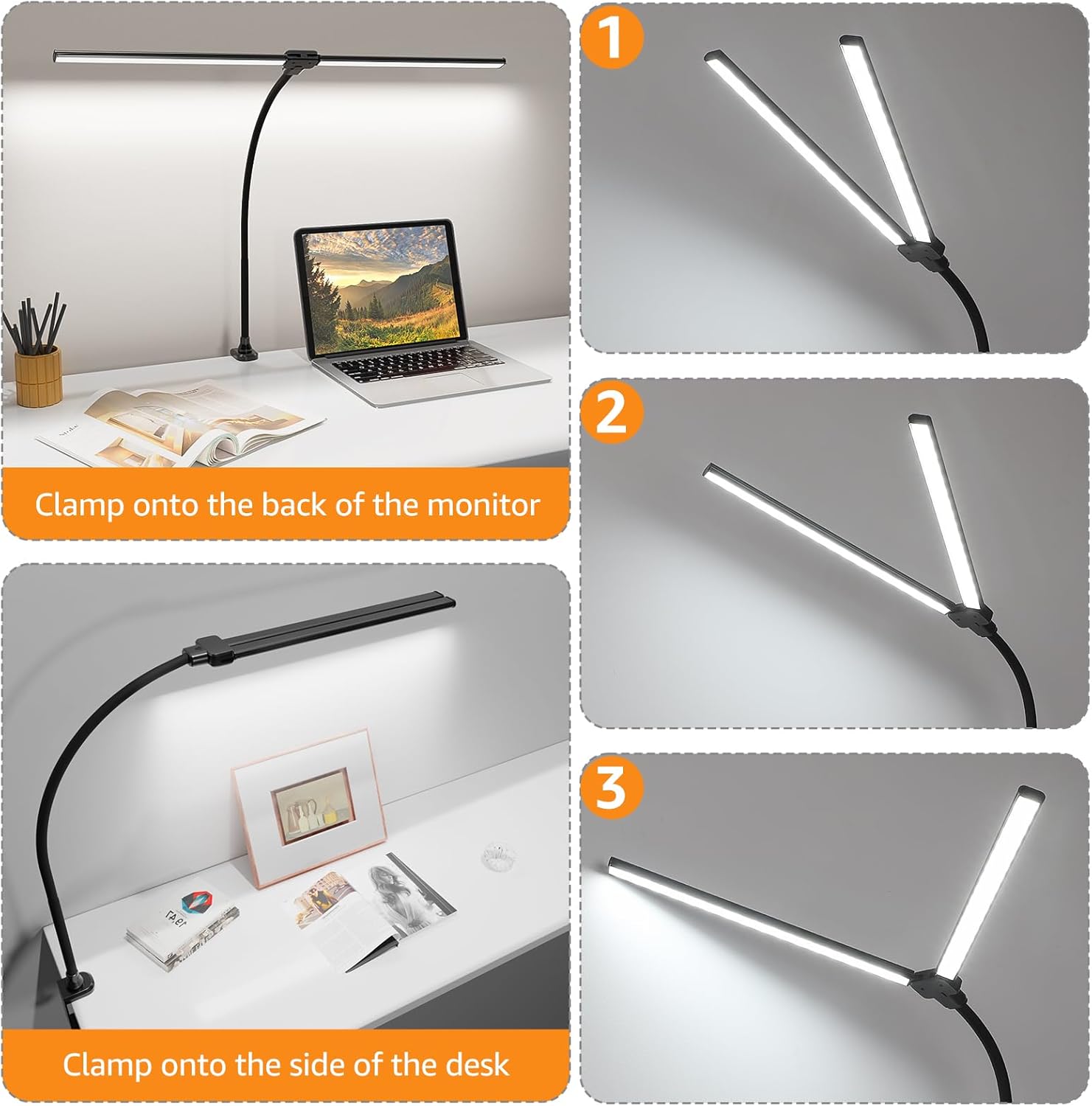 ShineTech Led Desk Lamp for Office Home, Bright Double Head Desk Light with Clamp, Architect Task Lamp 50 Lighting Modes Adjustable Flexible