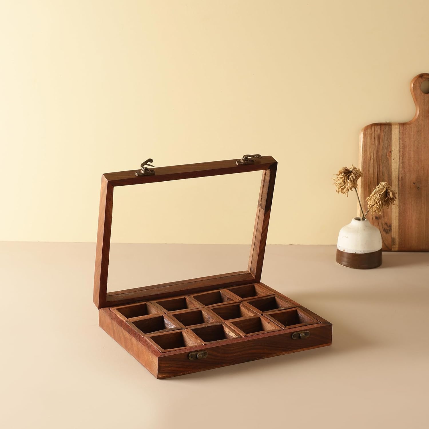 Maru 10.25 x 8 x 2 pulgadas, caja de especias y cuchara de madera Masala Dabba caja de almacenamiento de especias con tapa, caja de especias de