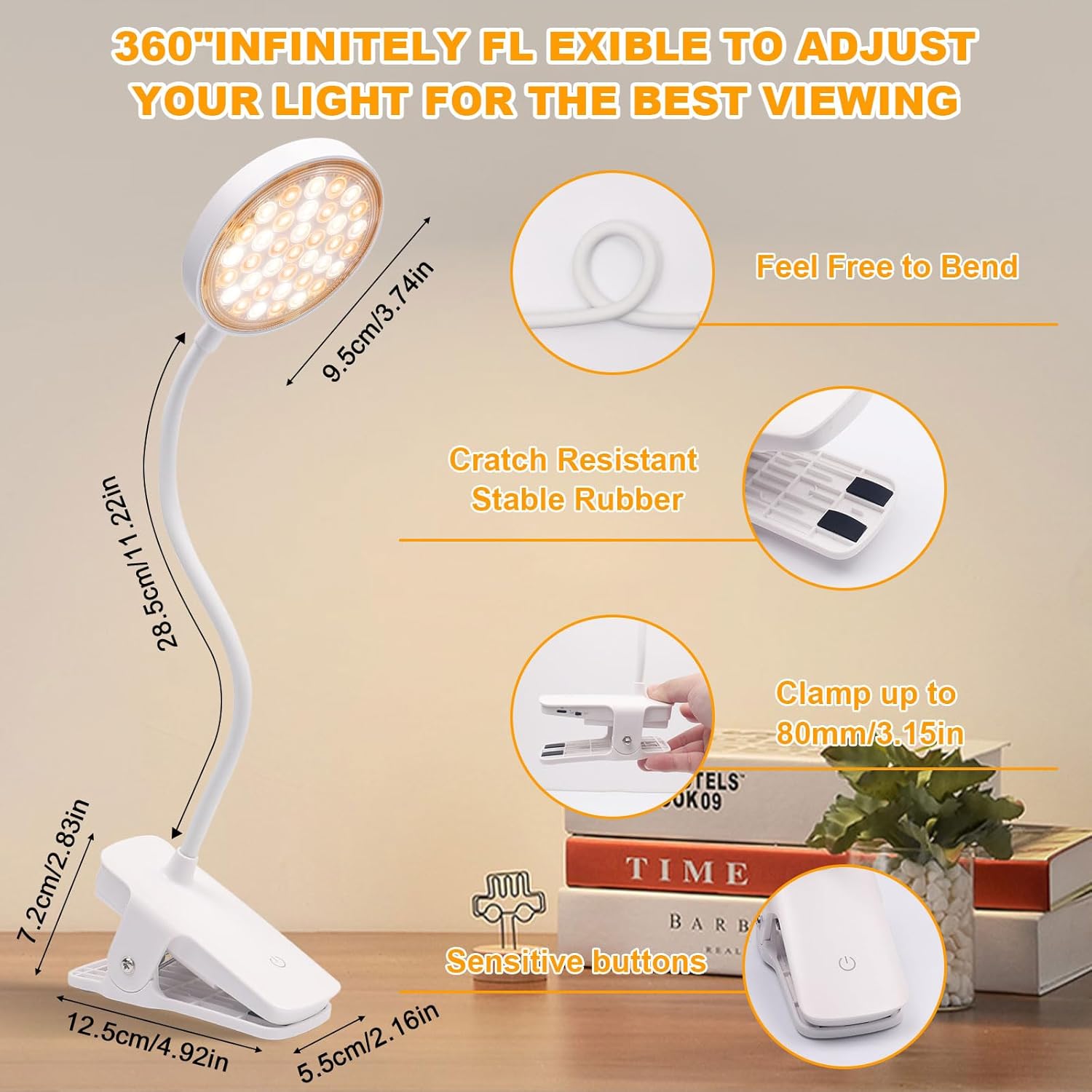 LVJING Luz con clip, luz de libro regulable para leer en la cama, luz de lectura de 1800 mAh, luz de abrazadera de temperatura de color, modo de luz