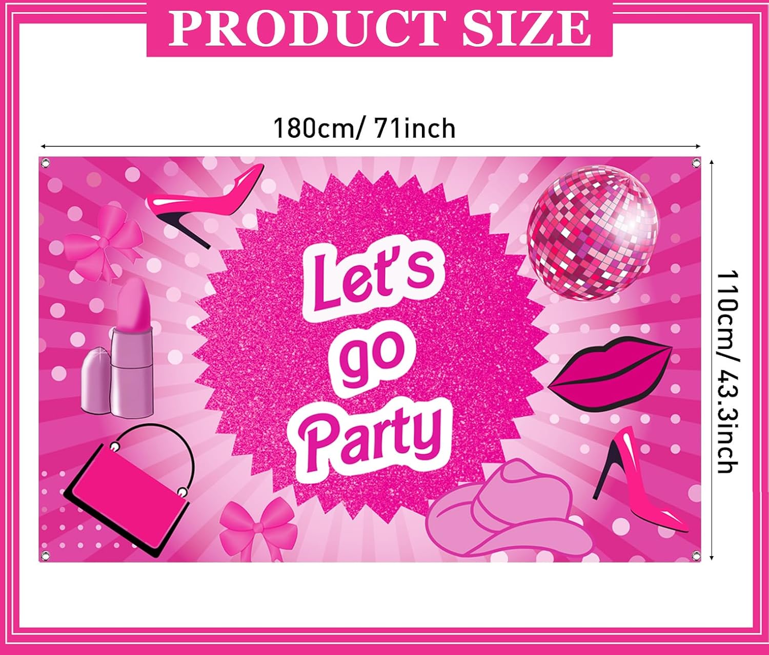 Cartel de fiesta con texto en inglés “Let’s Go” de color rosa intenso, cartel con temática de princesa, marco de fotos, fondo de fotografía para