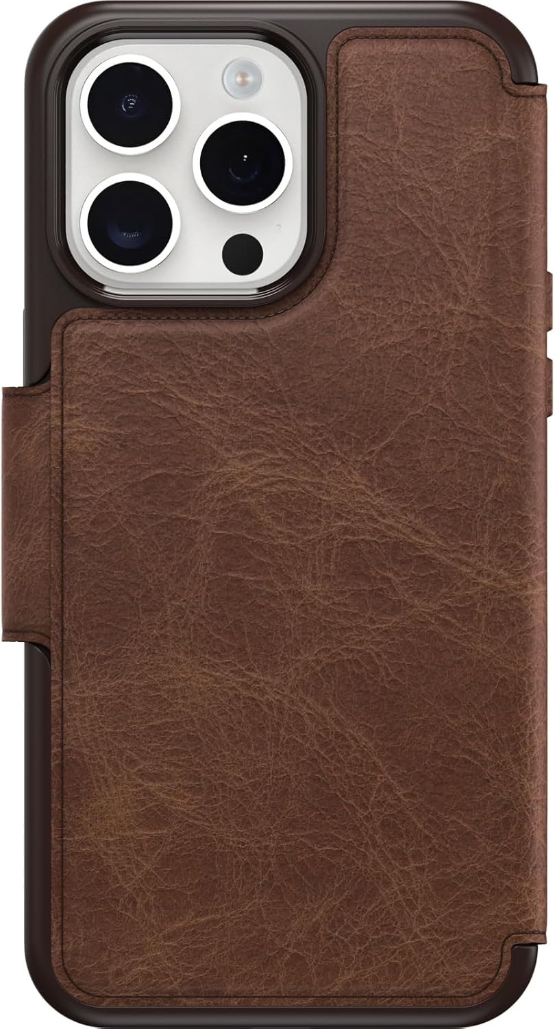 OtterBox Funda Strada Folio Series para iPhone 15 Pro MAX (solamente) – ESPRESSO (marrón), tarjetero, broches a presión a MagSafe, piel auténtica,