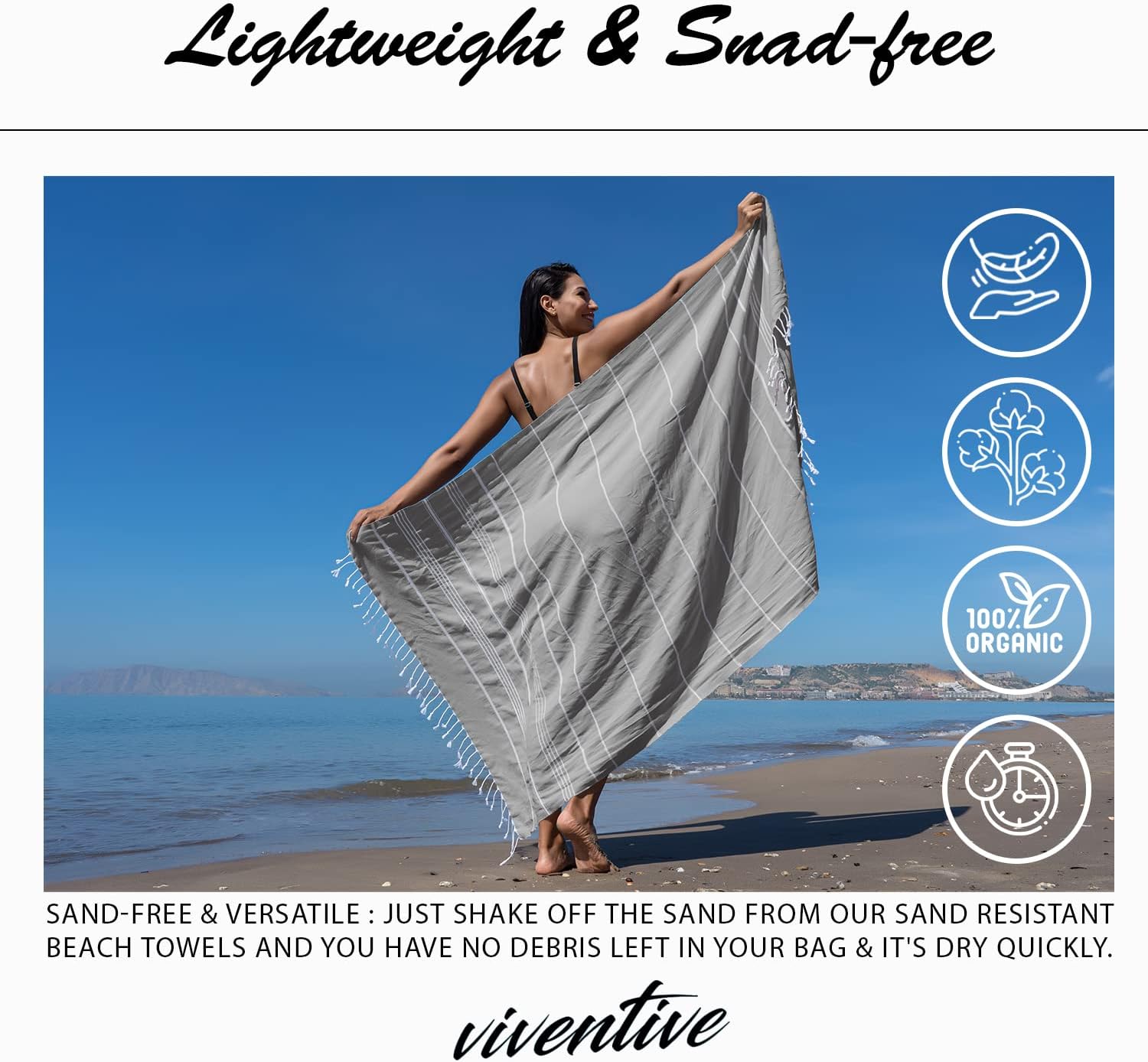 Viventive – Toalla de playa turca de 37 x 70pulgadas, hecha de 100% algodón, ultrasuave y absorbente, de secado rápido, para playa, baño, yoga,