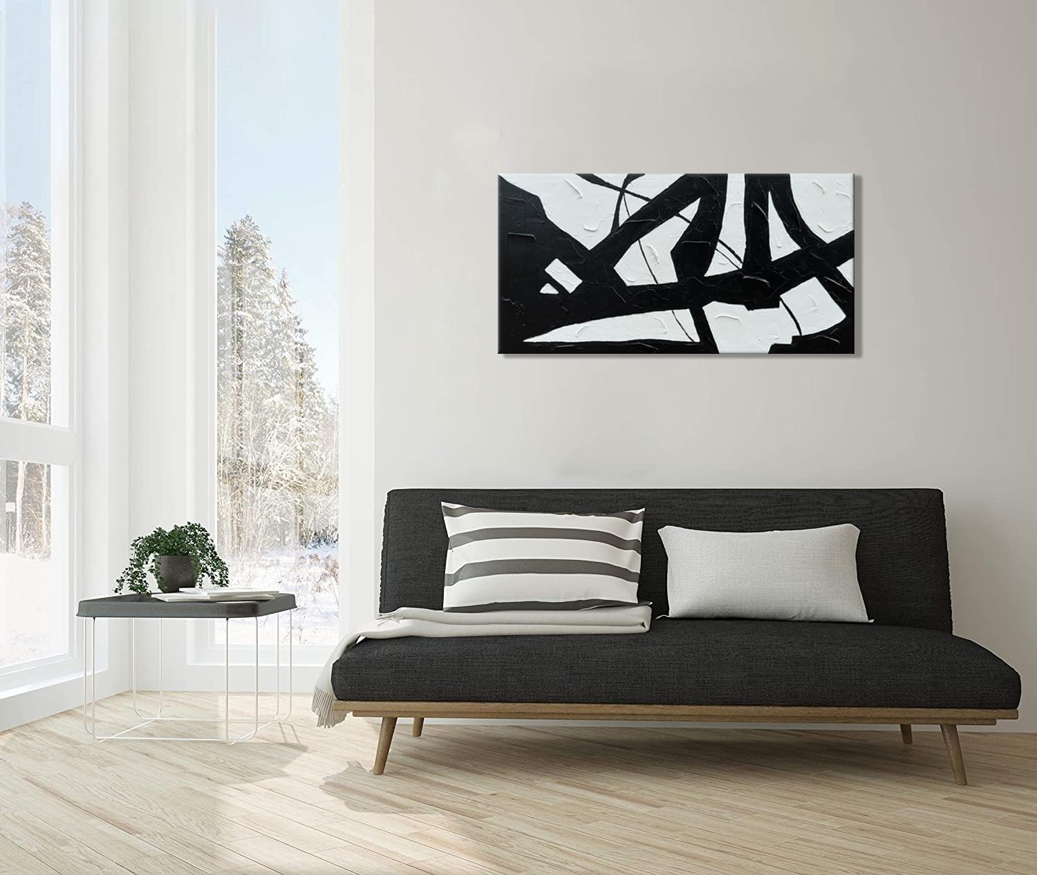 zoinart Lienzo pintado a mano en blanco y negro, 48 x 24 pulgadas, pinturas al óleo modernas, abstractas y modernas, arte de pared con textura