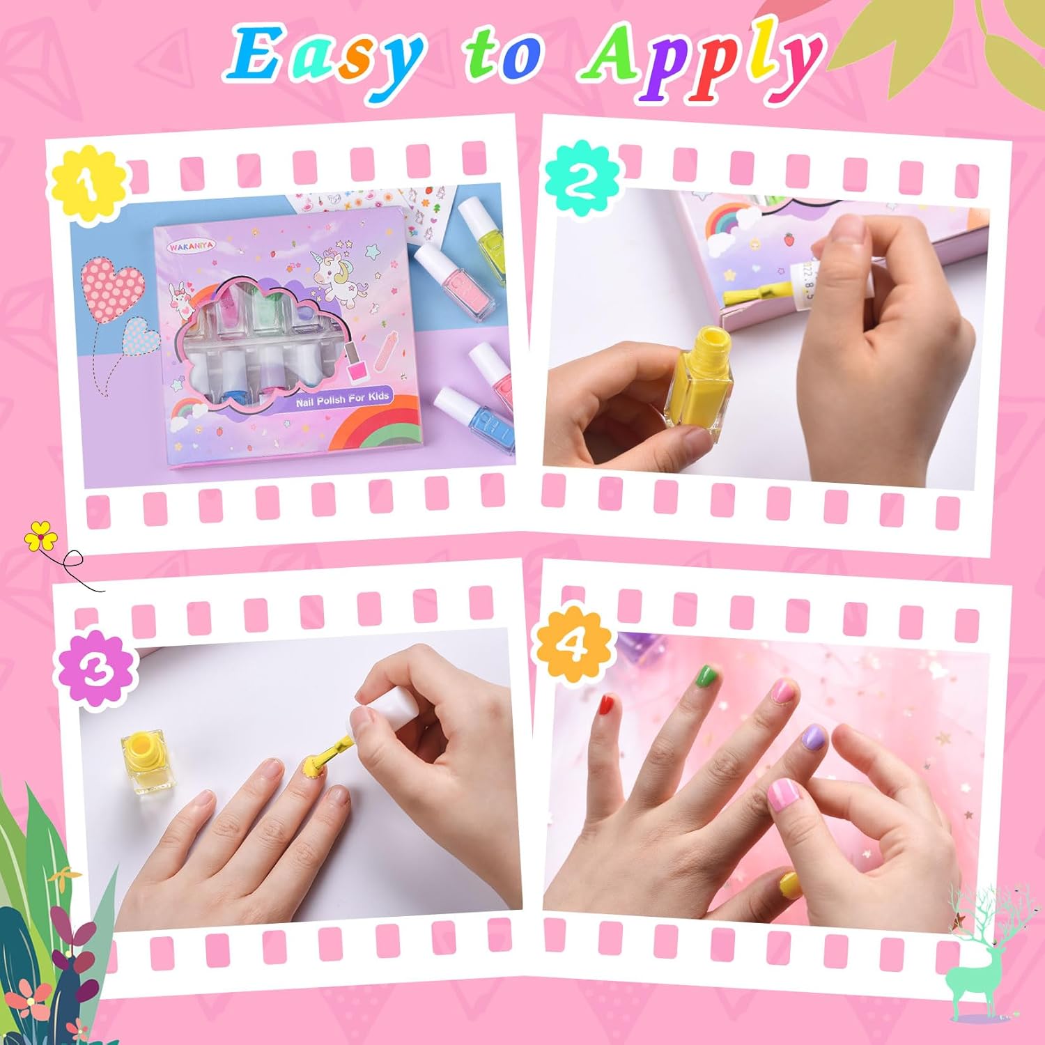 wakaniya Esmalte de uñas para niños, juego de esmalte de uñas para niñas, 12 colores arcoíris, kit de esmalte de uñas para niños pequeños con