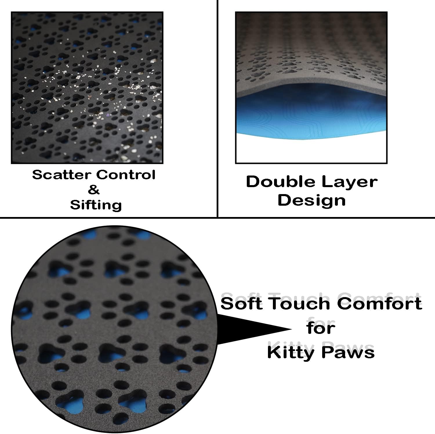 Tapete de arena para gatos para atrapar arena (guantes de aseo para mascotas para mascotas con cepillos incluidos) de doble capa con diseño de patas