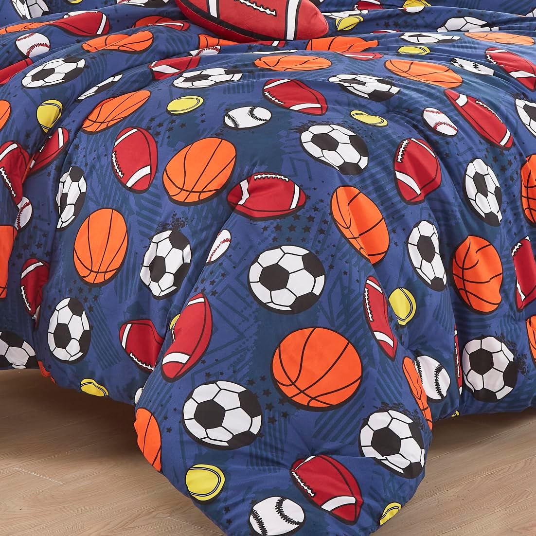 Chezmoi Collection Juego de edredón de 4 piezas con diseño de pelotas deportivas para niños, tamaño matrimonialqueen, microfibra suave, azul marino,