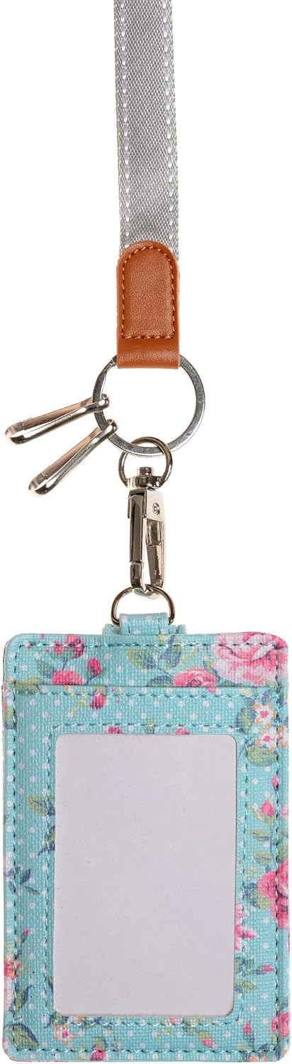 Funda porta tarjeta de identificación de piel sintética con 1 ventana para identificación, 2 ranuras para tarjetas, 2 llaveros y correa para el