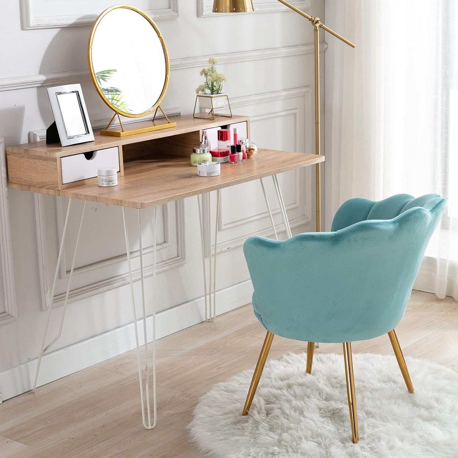 Wahson Silla tapizada de terciopelo para sala de estar, silla de tocador de barril con respaldo de conchas y patas doradas, silla de comedor retro