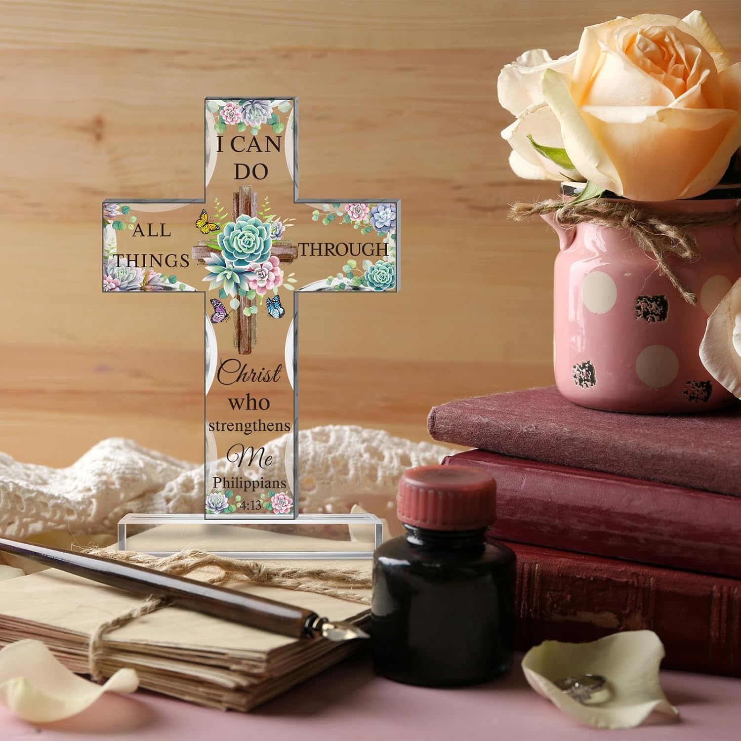Regalos inspiradores de cruz cristiana de acrílico con versículos de la Biblia y oraciones, girasol, regalos religiosos de las Escrituras para