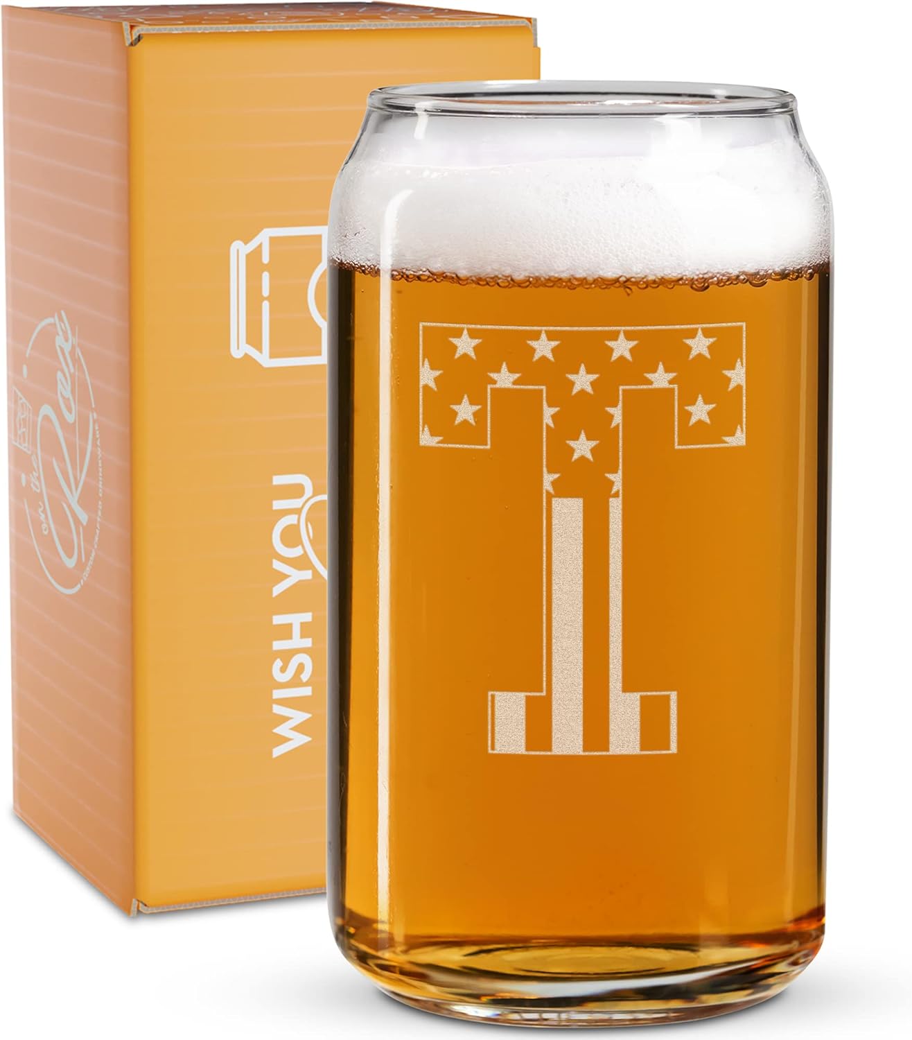 Vaso en forma de lata de cerveza con monograma grabado – bandera de EE.UU.