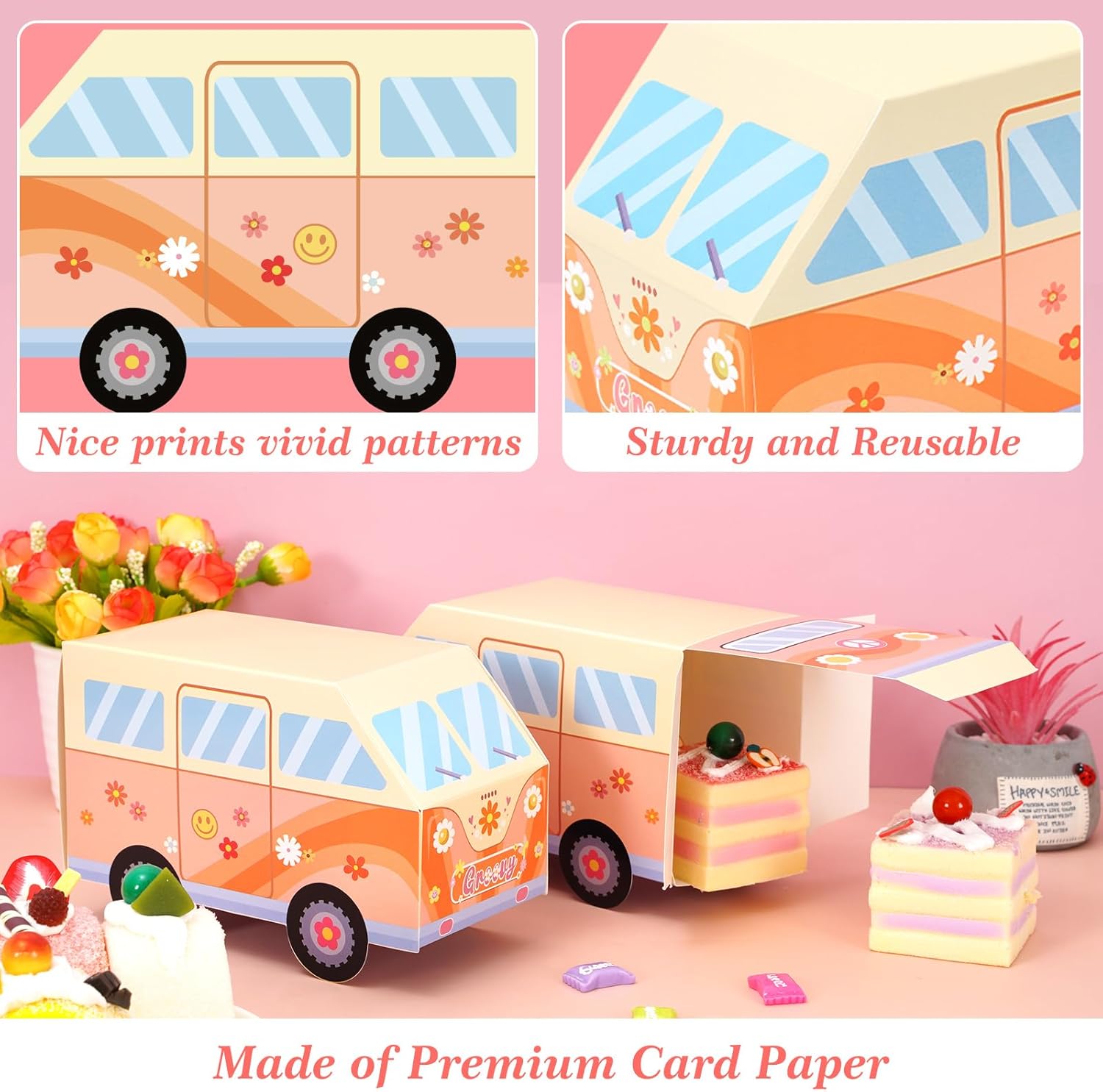 Whaline Paquete de 16 cajas de regalo de fiesta de estilo hippie, bús, cajas de papel de caramelos, decoraciones de fiesta de cumpleaños para fiesta