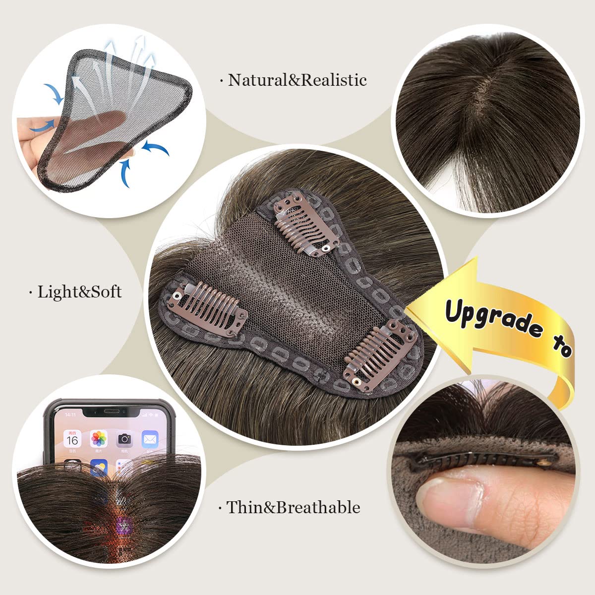 Toppers de cabello para mujer, cabello humano real, sin flequillo, extensiones de cabello para adelgazar, base de encaje mejorada, toppers de