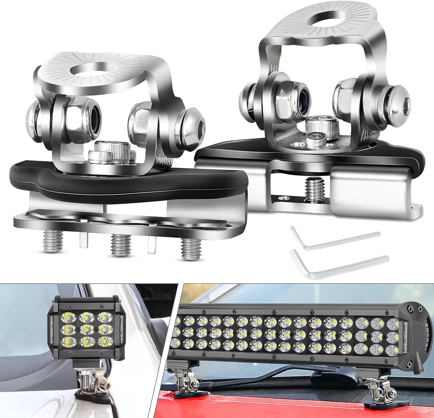 OFFROADTOWN – Soportes de montaje para barra de luz LED, 2 unidades, soporte universal para capó LED, soporte de luz de trabajo, sin taladrar,