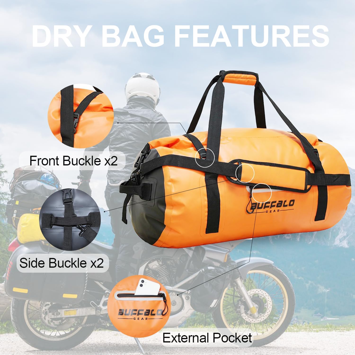 Buffalo Gear Bolsa de lona impermeable 40L 60L 80L Roll-top Dry Bag Heavy Duty Impermeable Duffel Bolsa de viaje para kayak, rafting, barco, pesca,
