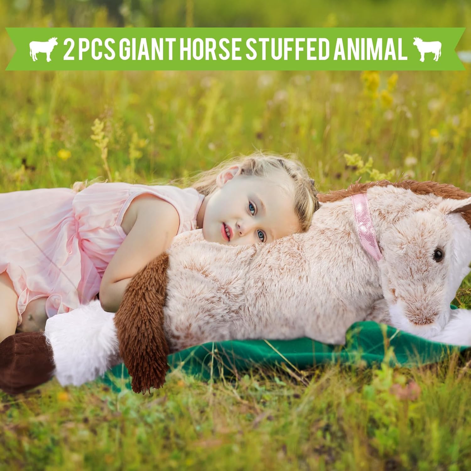 2 piezas de caballo gigante de peluche de caballo largo, almohada de peluche grande de caballo de peluche, gran regalo para niños, Navidad, día de