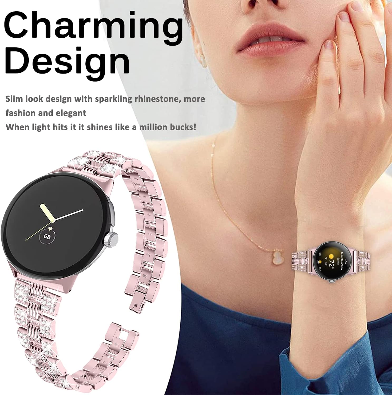 Miimall Compatible con Google Pixel Watch Band Glitter, Pixel Watch Band con diamante de cristal, eslabones de metal con hebilla plegable, correa de