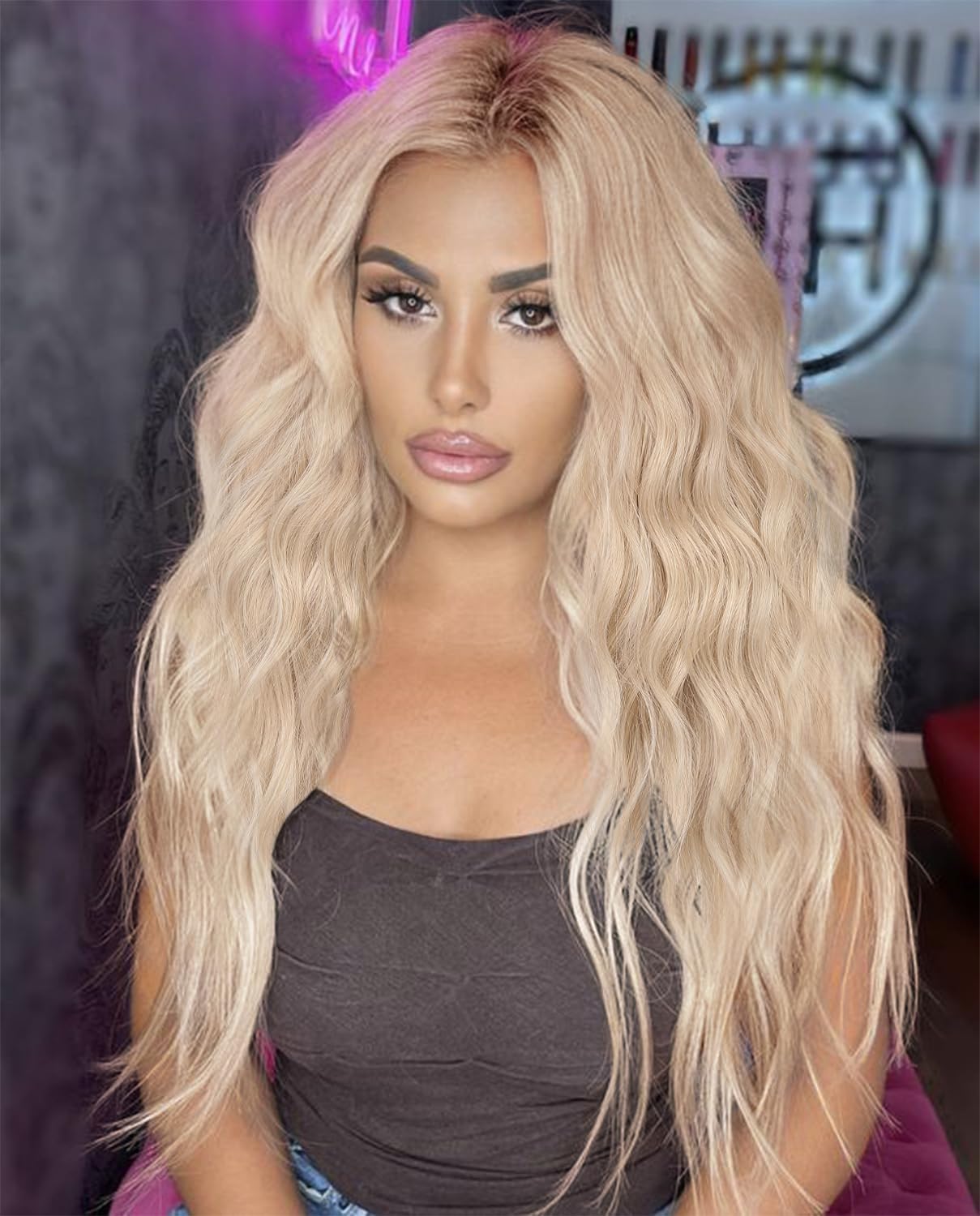 Hanne Fashion Peluca larga ondulada rubia para mujer, parte media, peluca rubia platino, pelucas sintéticas para uso en fiestas, cosplay (rubio)