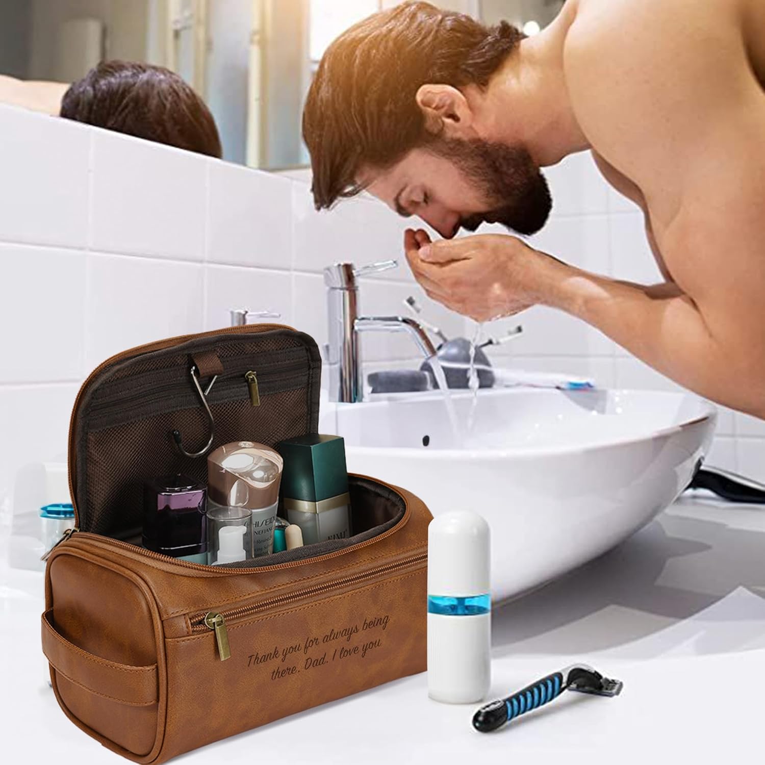 Easycosy Neceser personalizado para hombres, grabado con nombre e iniciales, bolsa de aseo de piel sintética para hombre, artículos esenciales de