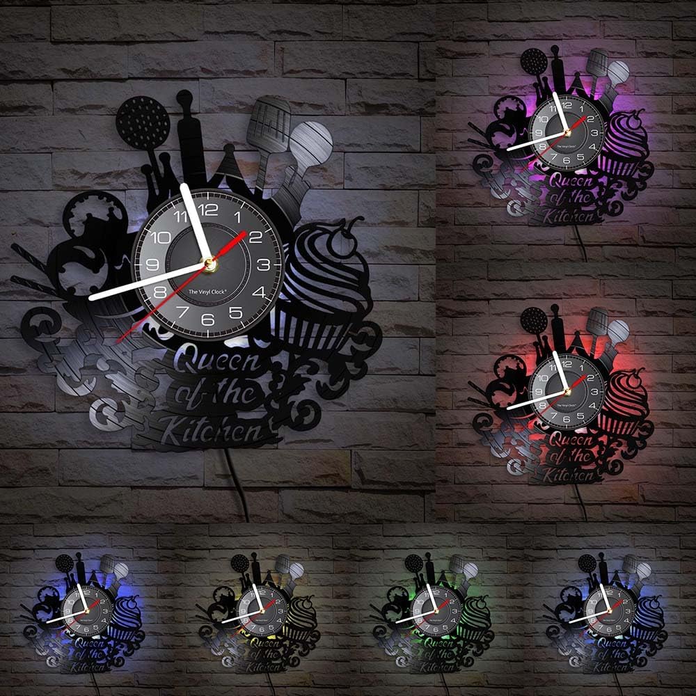 Reloj de pared de disco de vinilo de cocina de 12 pulgadas con 7 modos luminosos, moderno, decorativo, silencioso, de cuarzo, sin tictac, negro,
