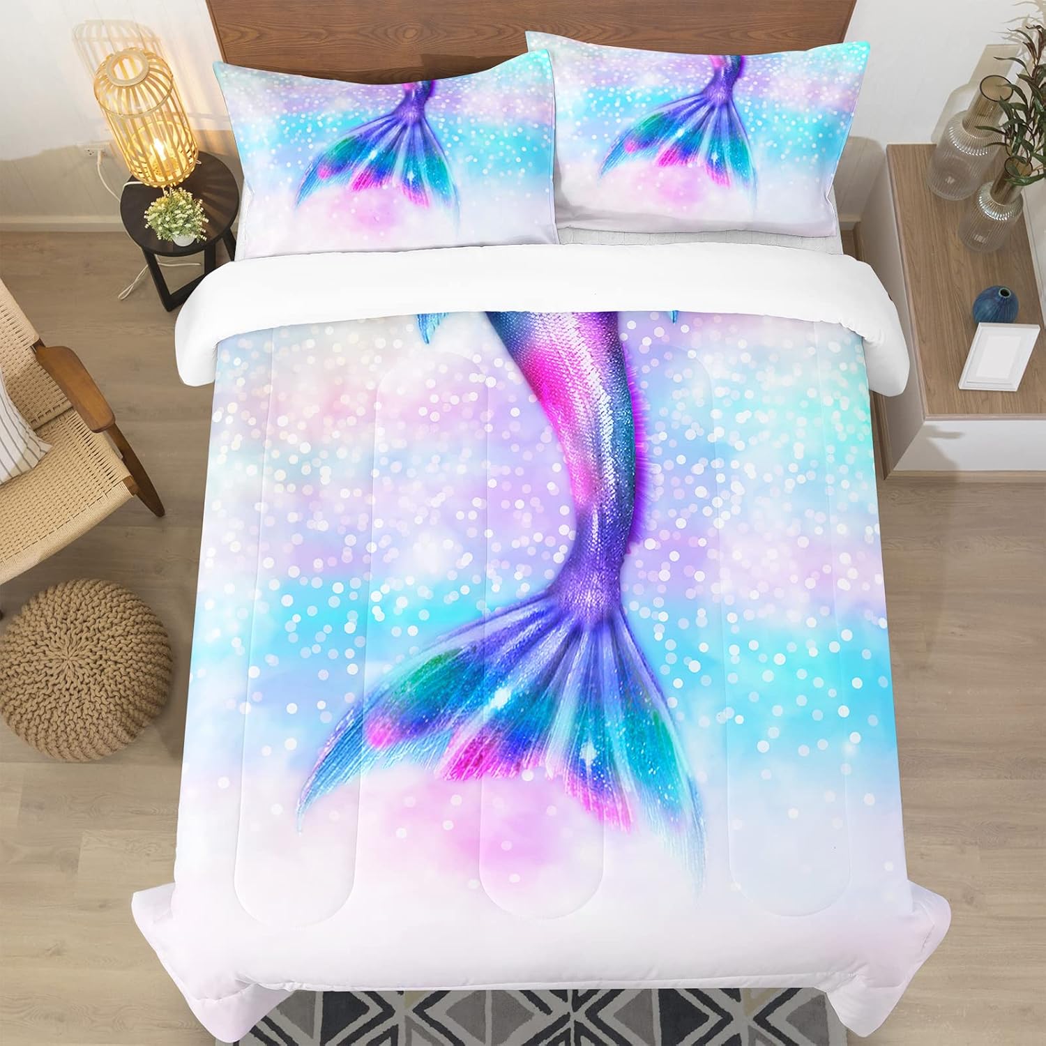 Juego de edredón para niños, tamaño individual, funda de edredón de sirena con escamas de pescado, arco iris, para niñas, niños, adolescentes,