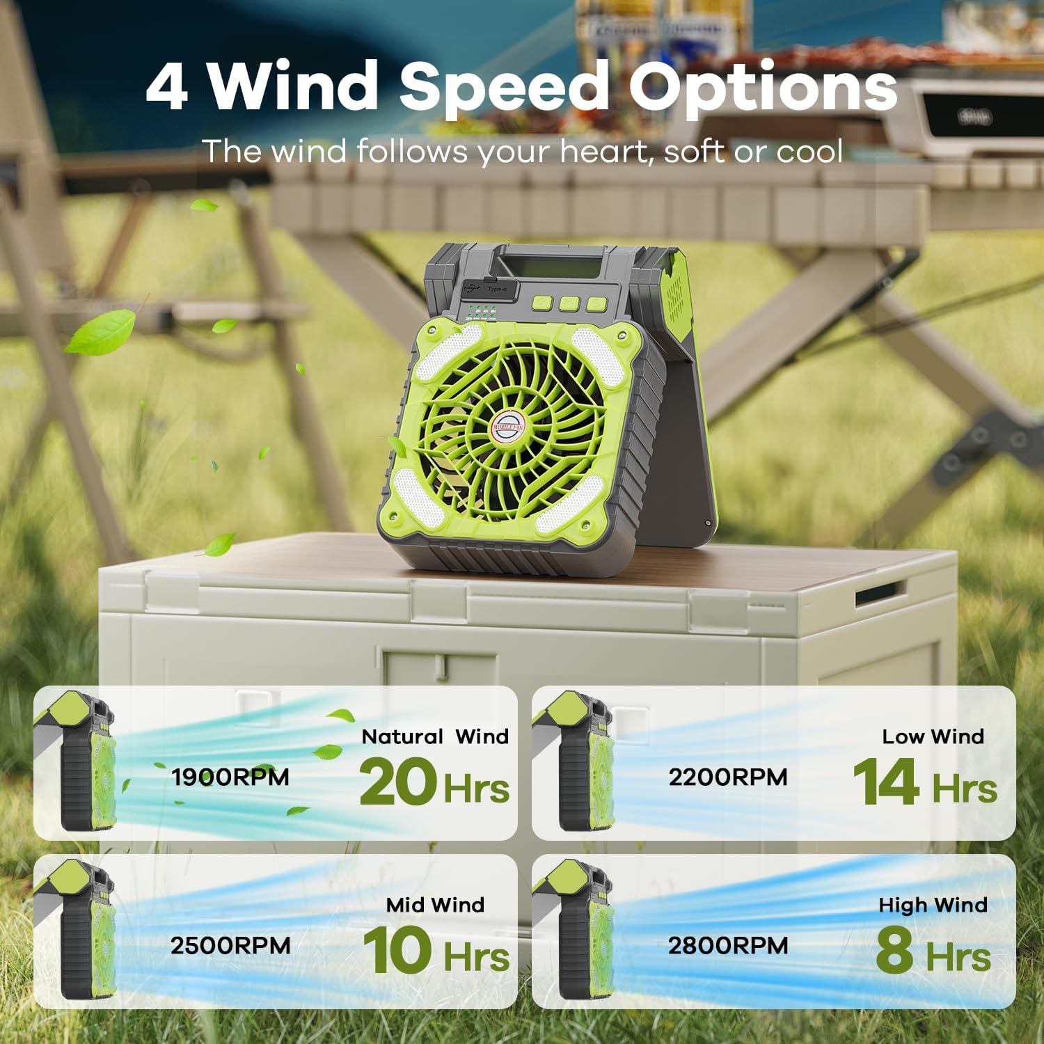 Ventilador solar portátil, ventilador de campamento recargable de 10400 mAh, 4 velocidades, 3 temporizadores y silencioso, ventilador a batería con