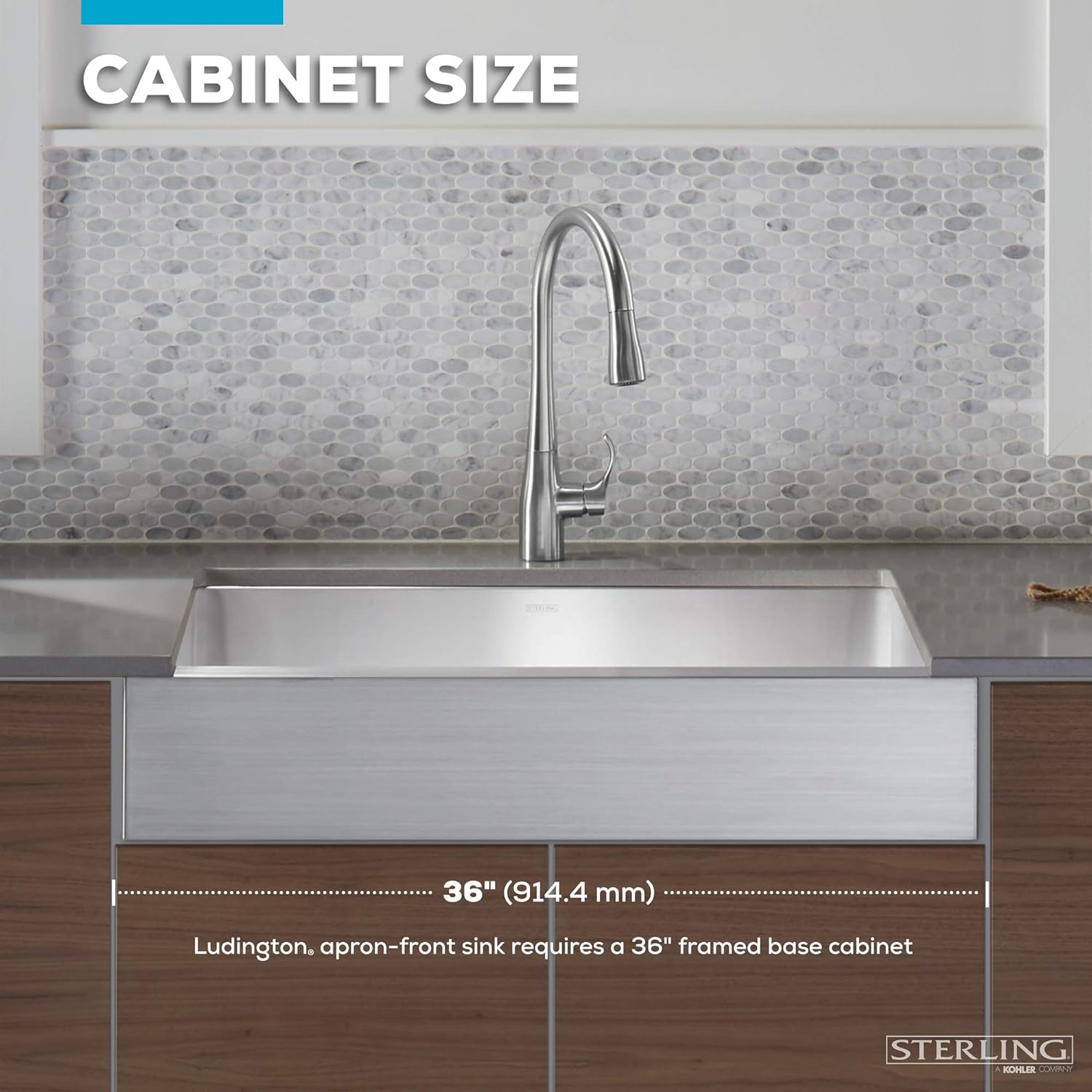 Kohler K-20243-PC-NA Sterling Ludington – Fregadero de cocina de 34 pulgadas con montaje inferior con accesorios, lavabo frontal de delantal, acero