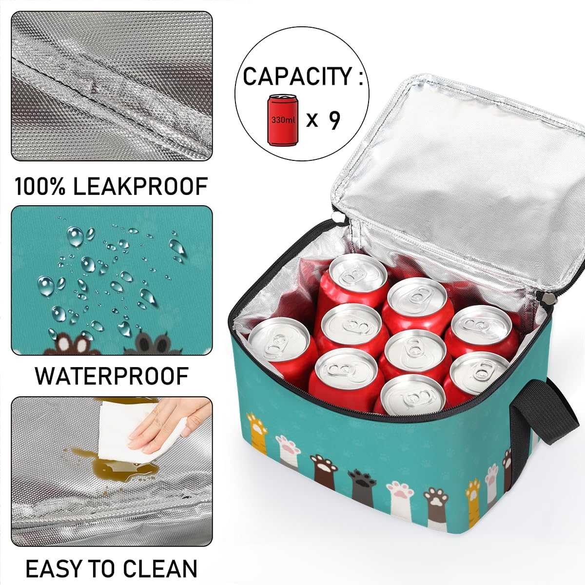 Lonchera con estampado de patas de gato, aislada, reutilizable, grande, con hombro ajustable y cremallera, bolsa de lona para oficina, trabajo,