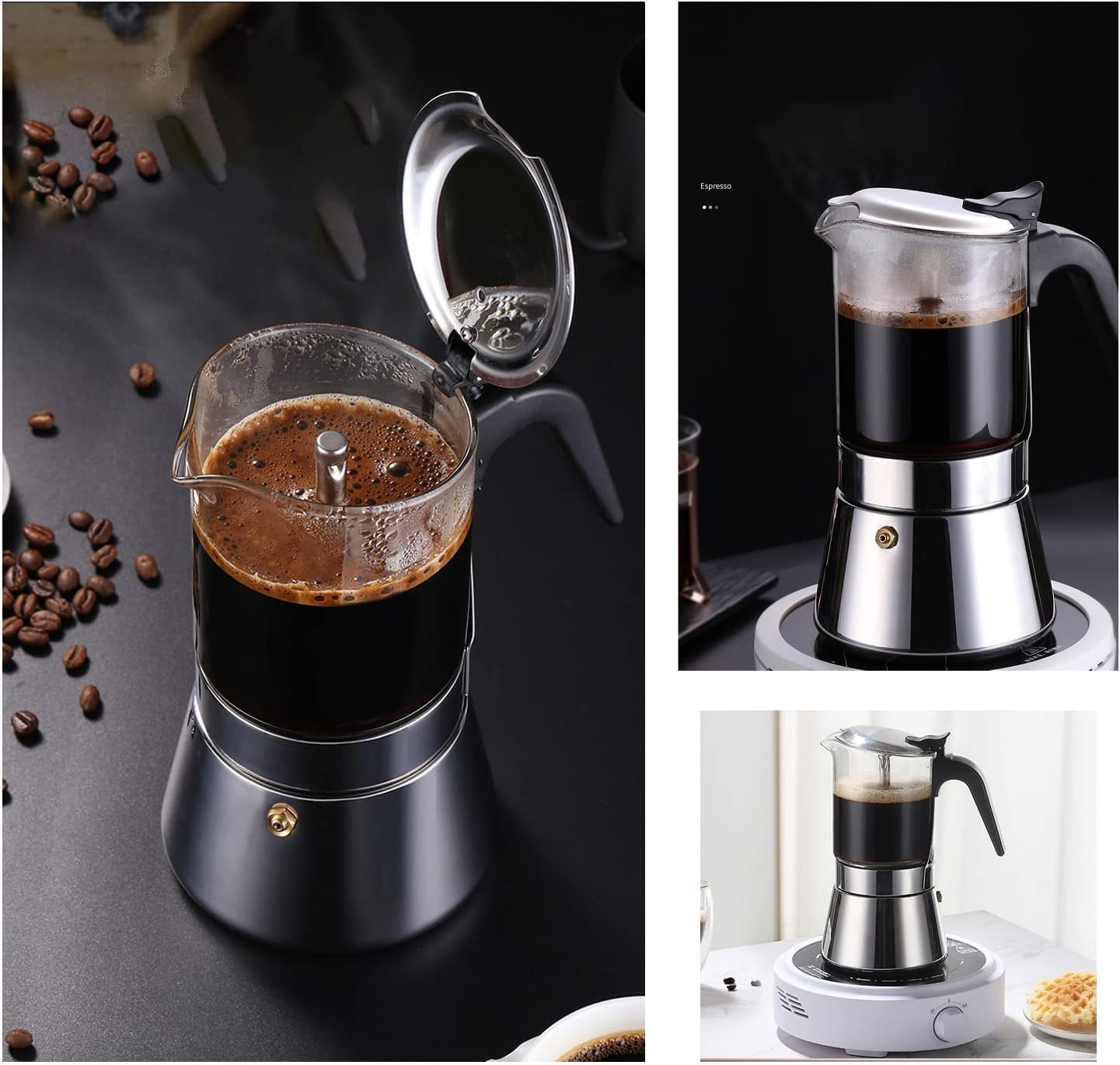 Cafetera de café expreso, con tapa de cristal y acero inoxidable, olla de café expreso italiano clásico de acero inoxidable, cafetera cafetera