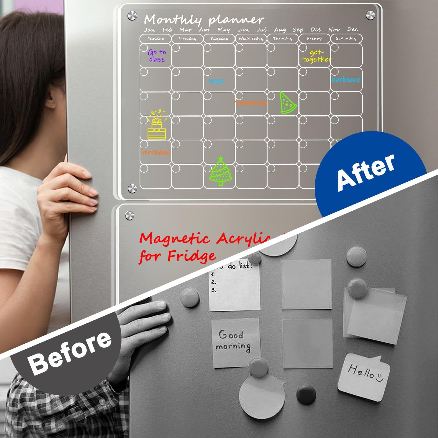 Calendario acrílico magnético para refrigerador, paquete de 2 calendarios transparentes de 12 x 16 pulgadas, juego de tablas de planificación