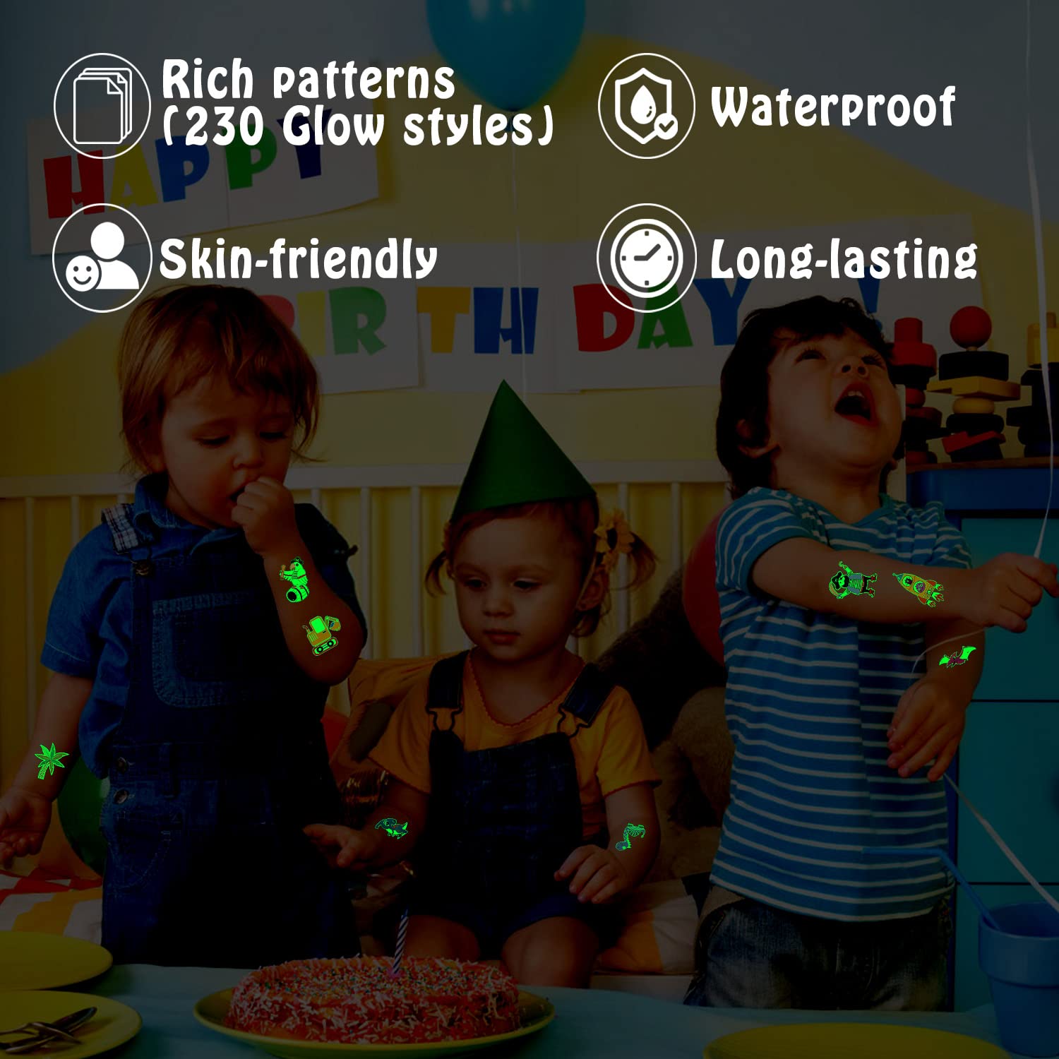 Partywind 20 hojas (230 estilos) tatuajes temporales luminosos para niños y niños, calcomanías de tatuaje impermeables brillantes con
