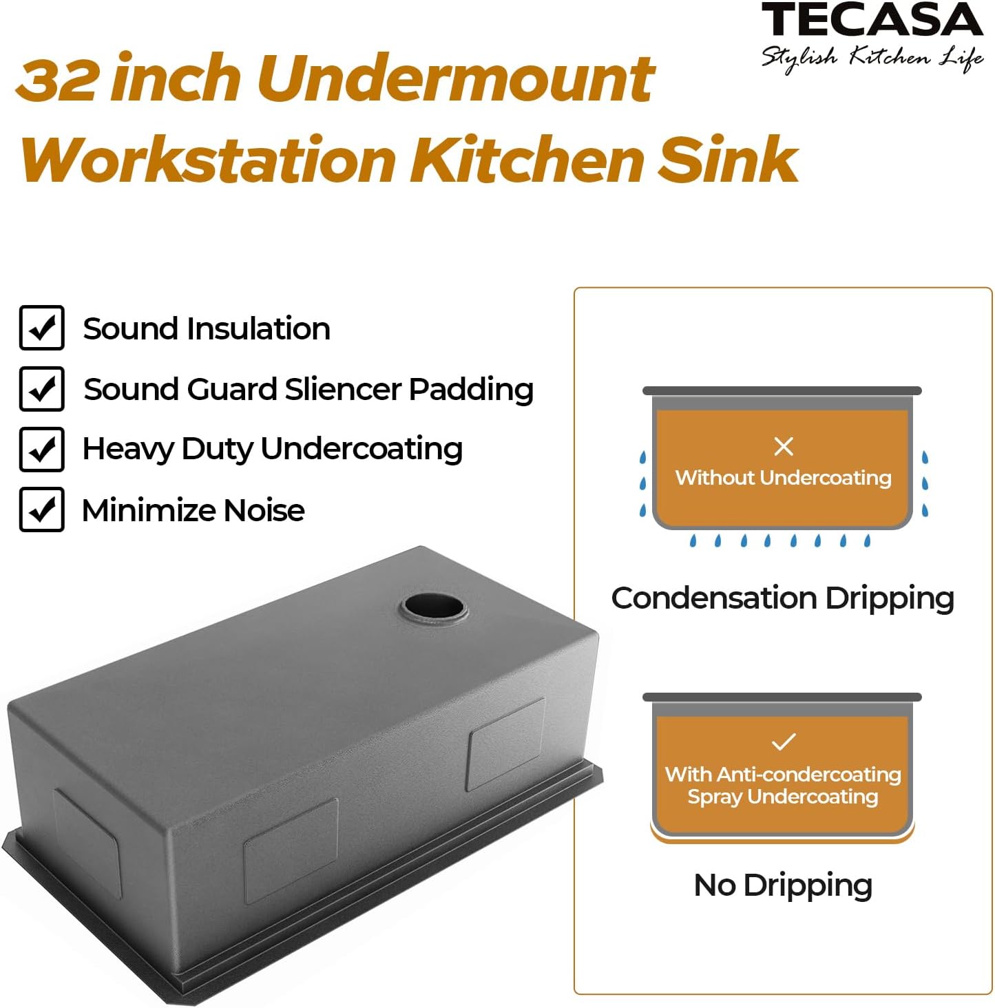 Fregadero de cocina con estación de trabajo de 32 pulgadas, cuenco individual profundo de montaje inferior, acero inoxidable con reborde integrado y