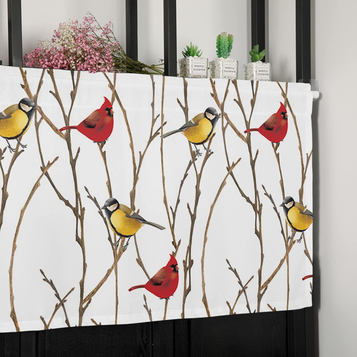 Cenefa de Navidad para ventanas, pájaros en un árbol, cortina de cocina, cenefas con bolsillo para barra, cortina de ventana de pájaro amarillo y