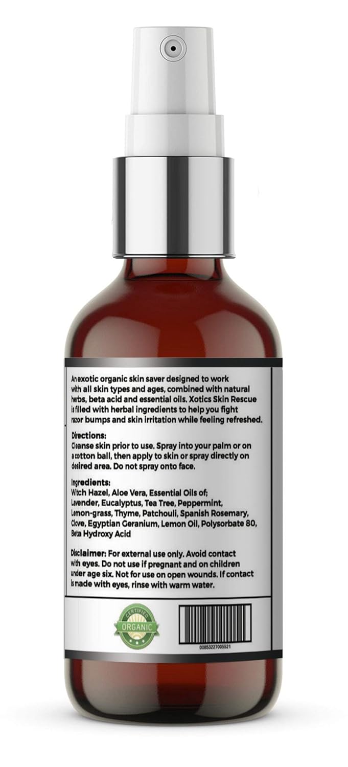 Xotics by Curtis Smith Skin Rescue Razor Bump Skin Irritation Spray  2 oz  Para Quemadura e Irritación  Mejorado con aceite de árbol de té, aloe
