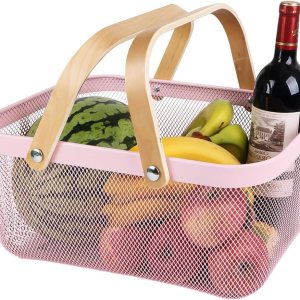 Ymeibe Cesta organizadora de almacenamiento de malla de alambre, cesta portátil de cosecha de jardín, cesta de frutas con mango de madera, ideal Ymeibe Cesta organizadora de almacenamiento de malla de alambre, cesta portátil de cosecha de jardín, cesta de frutas con mango de madera, ideal