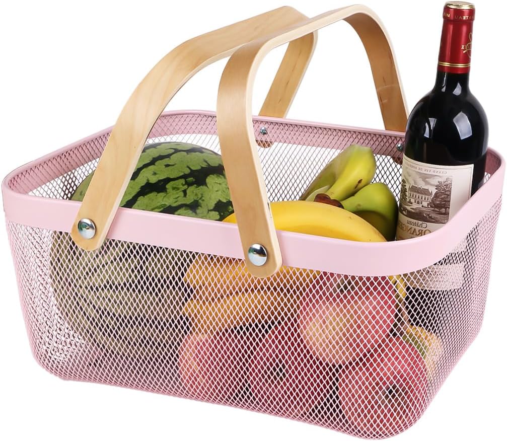 Ymeibe Cesta organizadora de almacenamiento de malla de alambre, cesta portátil de cosecha de jardín, cesta de frutas con mango de madera, ideal