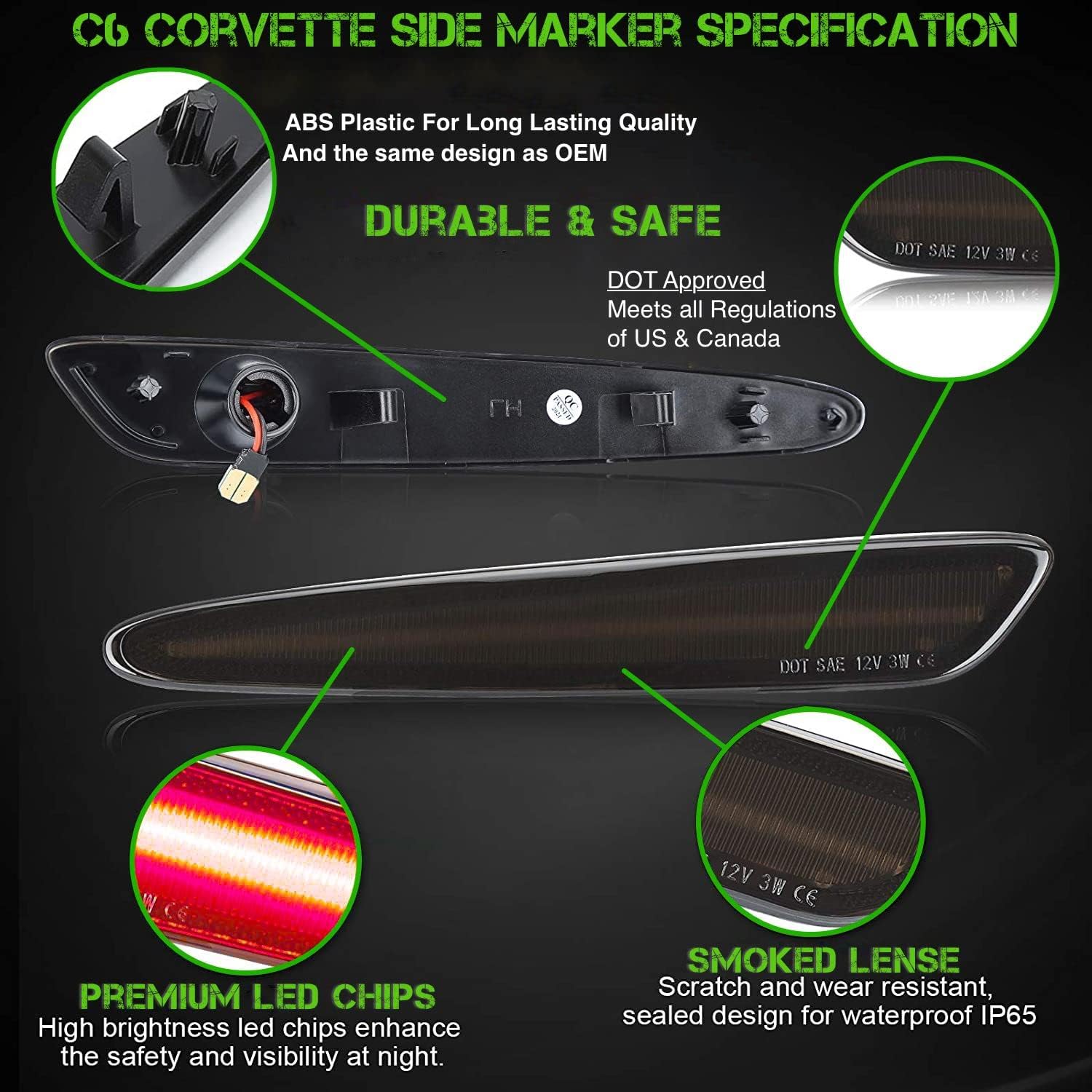 SLK – Luces LED de posición laterales para Chevrolet C6 Corvette 2005-2013 ámbar LED frontal y rojo trasero C6 luces de marcador reemplazan las
