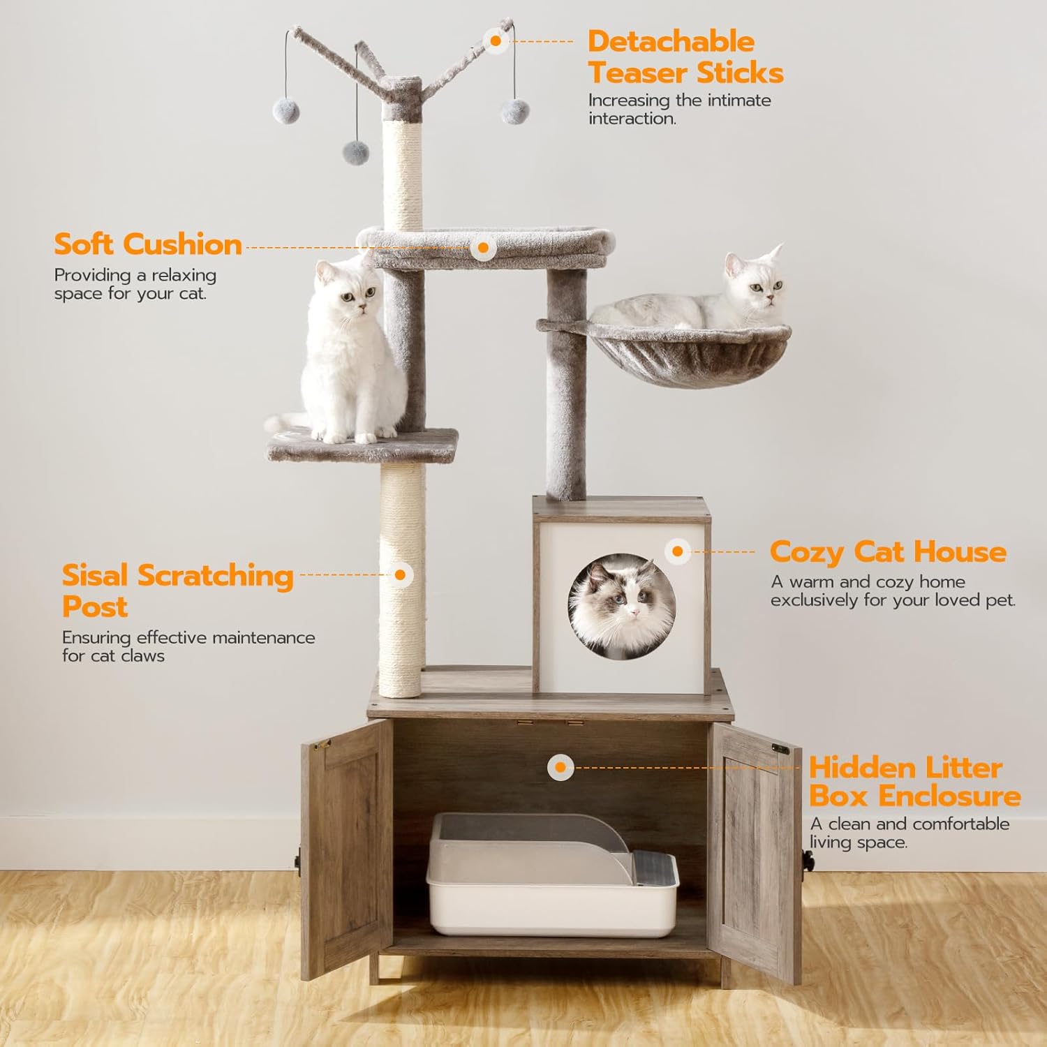HOOBRO Torre de árbol para gatos con caja de arena para gatos de interior, condominio de madera para gatos con postes rascadores, caja de arena para