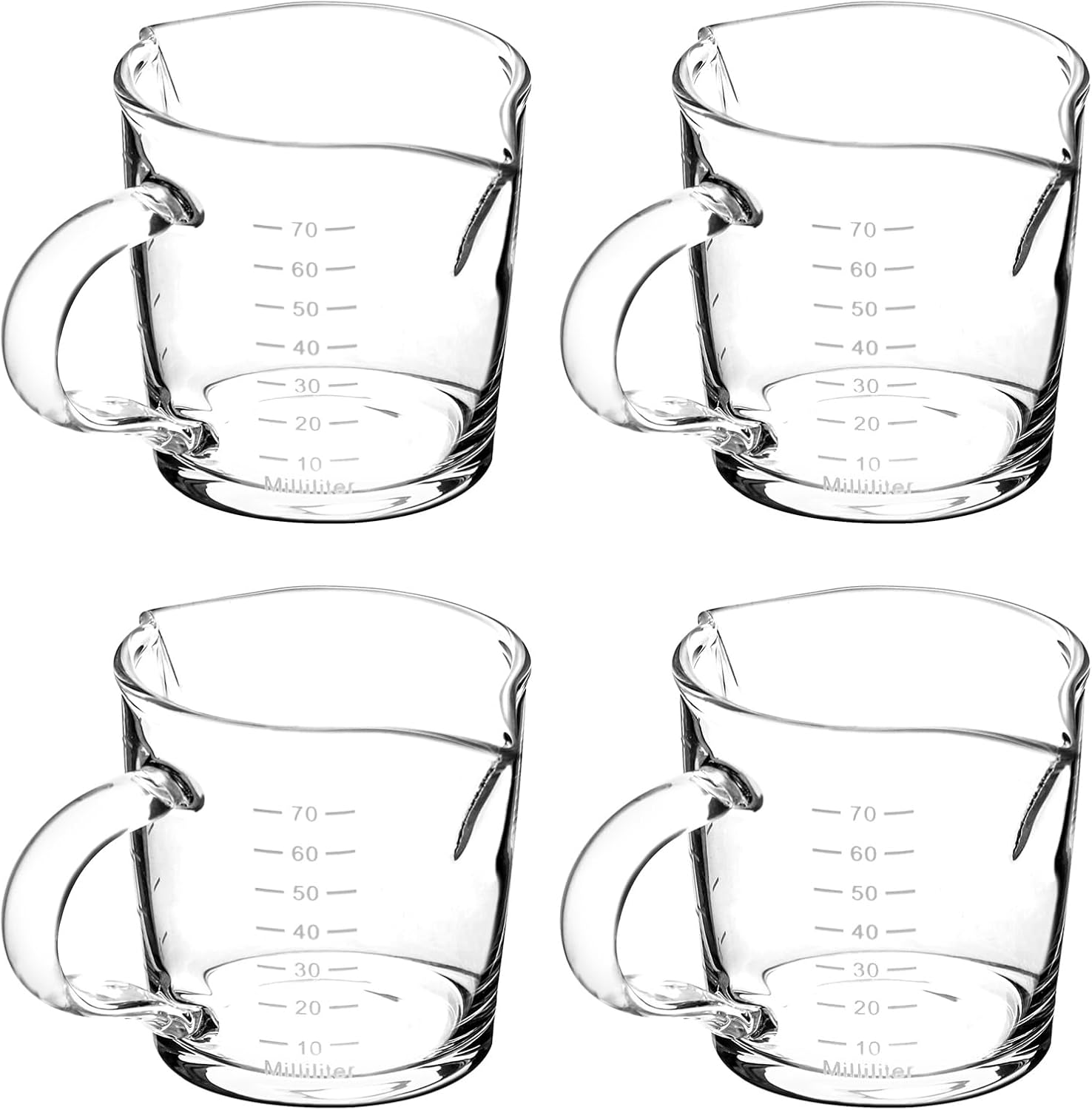 QWORK Vaso de chupito de café expreso con asa, paquete de 4 vasos medidores de vidrio de doble boquilla de 3 onzas, taza de leche triple con dos