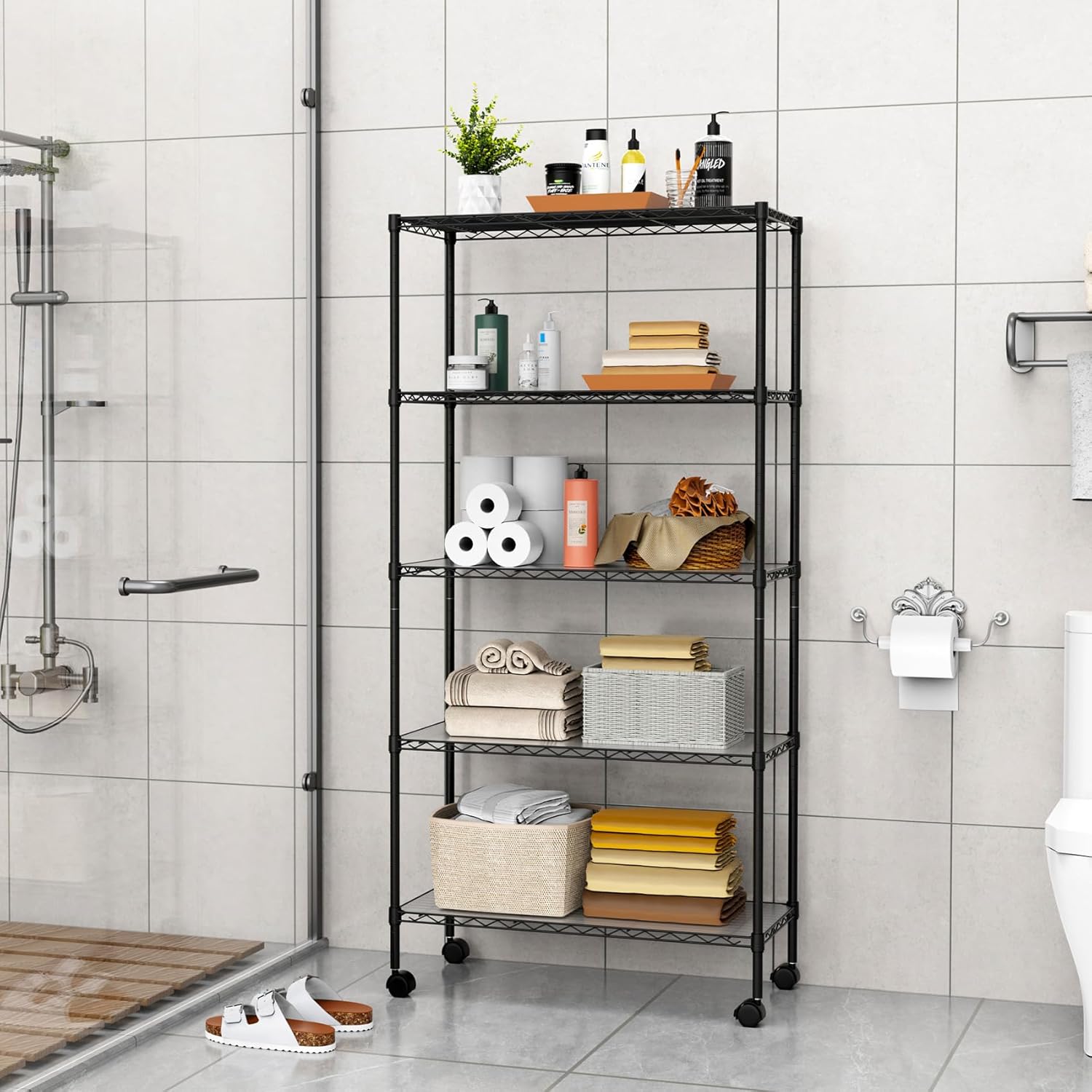 Estantería de alambre NSF de 5 niveles, 14 x 30 x 60 pulgadas, capacidad de 750 libras, estante de metal de almacenamiento ajustable con ruedaspatas
