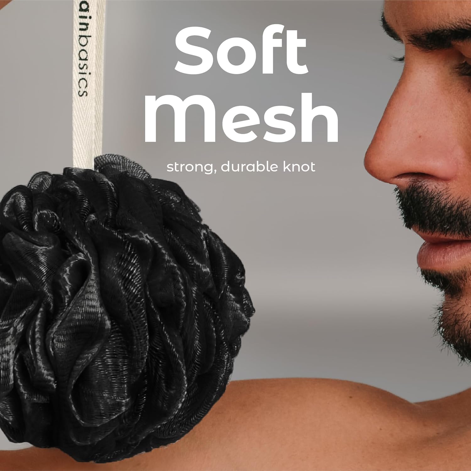 MainBasics Esponja de esponja para baño y ducha, esponja exfoliante corporal (juego de 3, color negro triple)